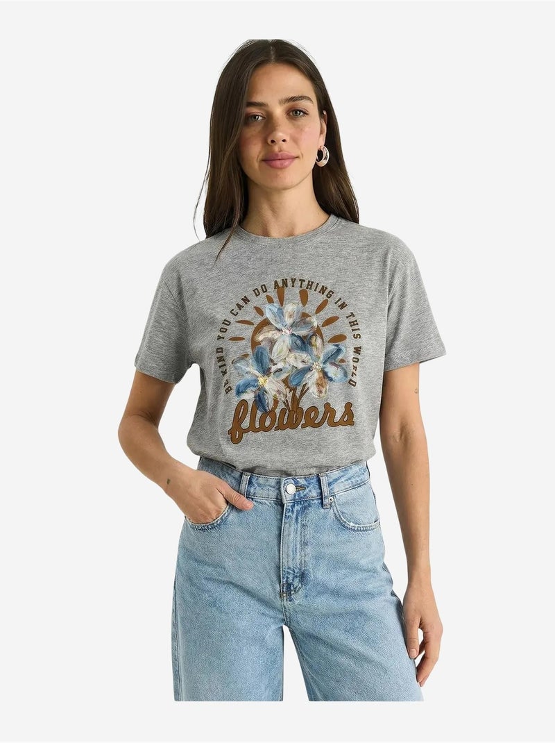 Camiseta de cuello redondo con bordado floral de lucci Gris - Kiabi