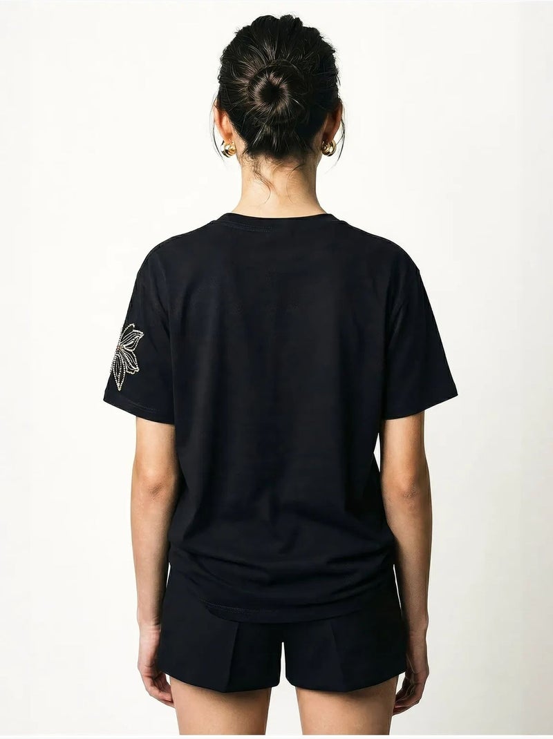 Camiseta de cuello redondo con bordado floral de lucci Negro - Kiabi