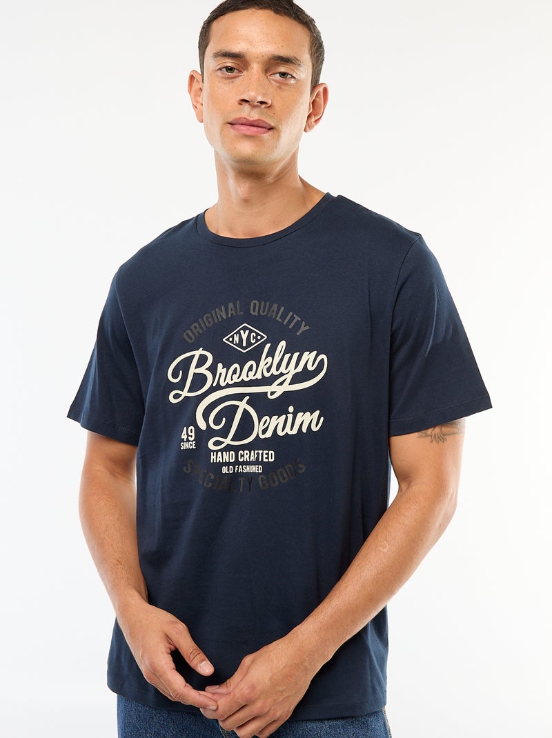 Camiseta de cuello redondo con estampado en algodón Azul - Kiabi