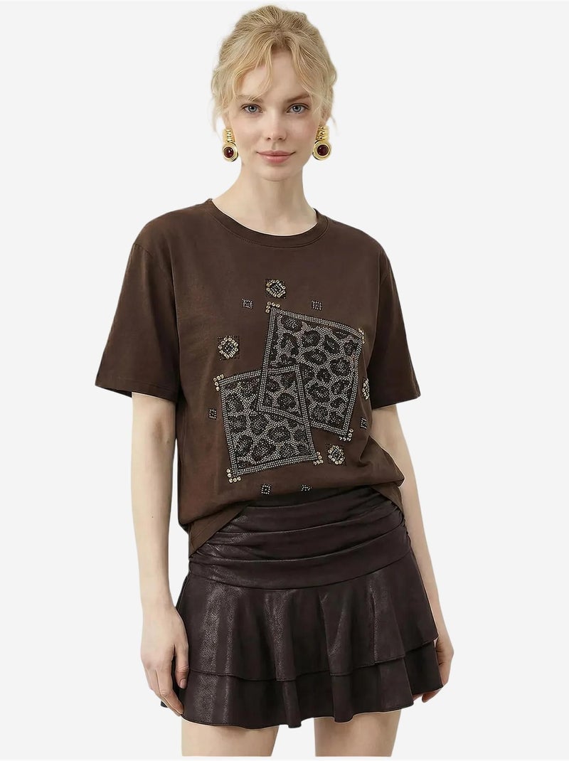 Camiseta de cuello redondo con estampado geométrico de lentejuelas lucci Marrón chocolate - Kiabi