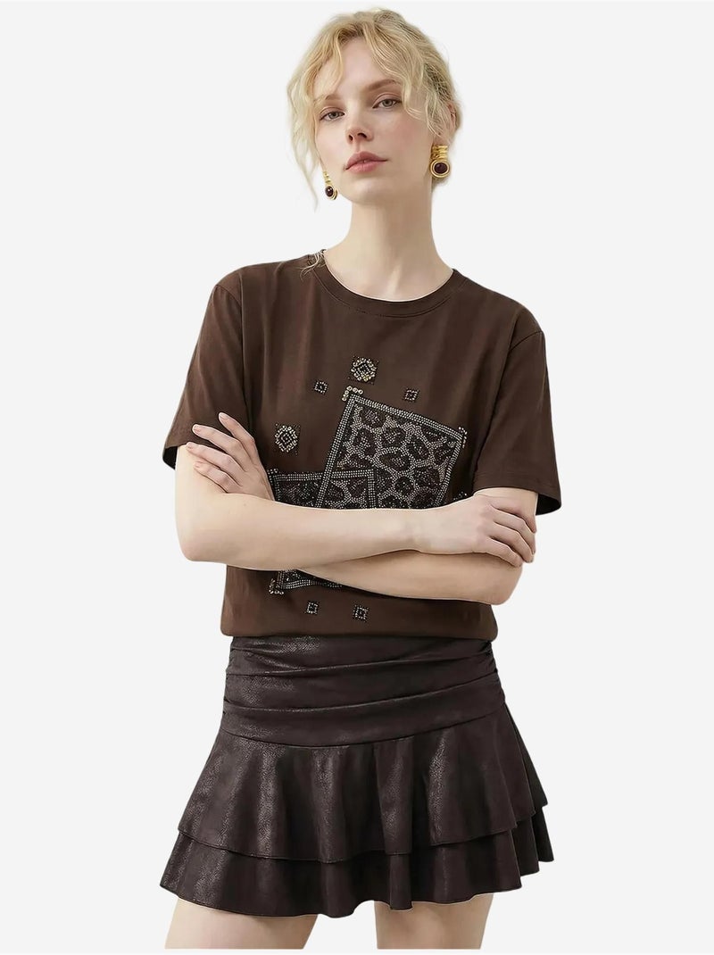 Camiseta de cuello redondo con estampado geométrico de lentejuelas lucci Marrón chocolate - Kiabi