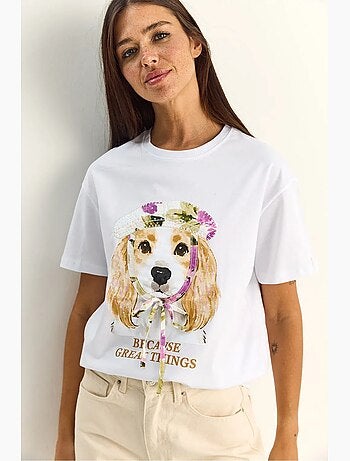 Camiseta de cuello redondo con estampado y lentejuelas lucci