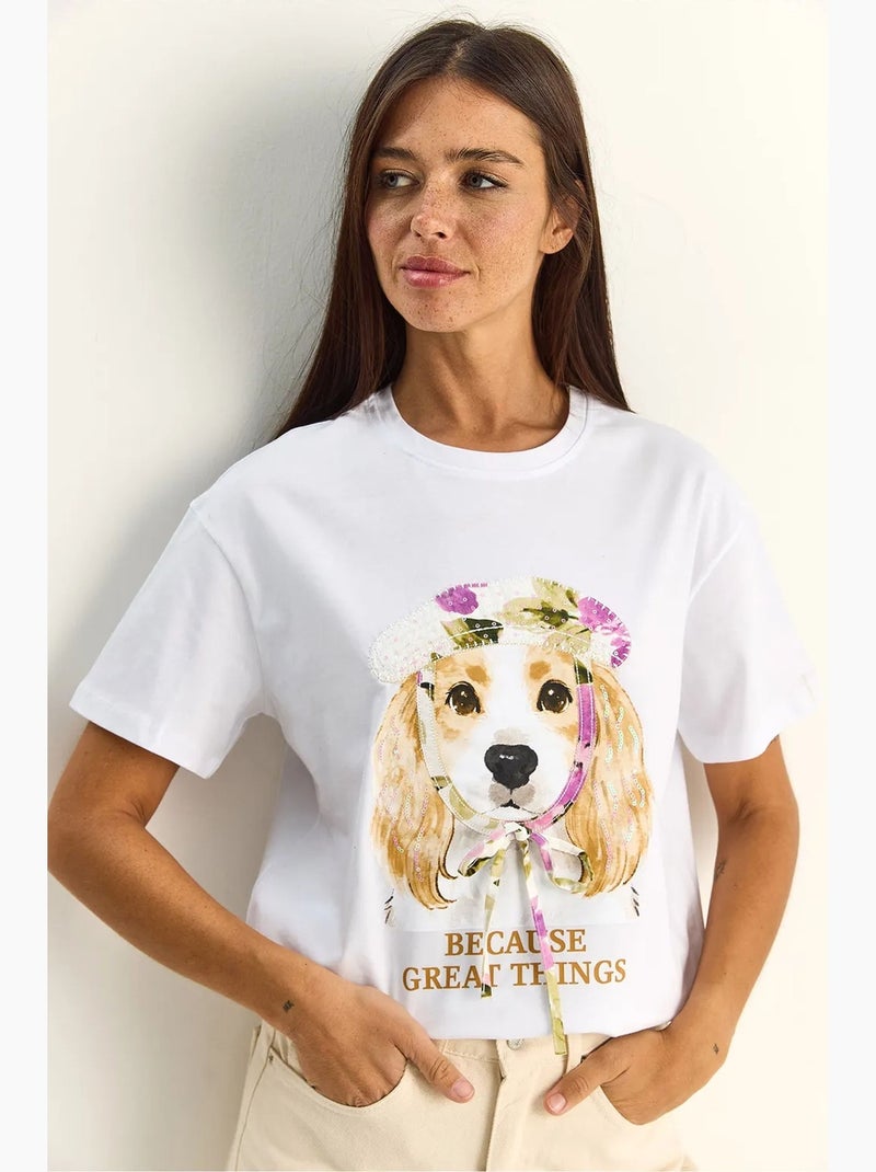 Camiseta de cuello redondo con estampado y lentejuelas lucci Blanco - Kiabi