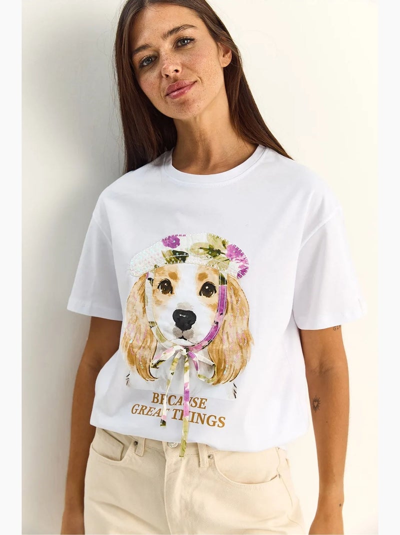 Camiseta de cuello redondo con estampado y lentejuelas lucci Blanco - Kiabi