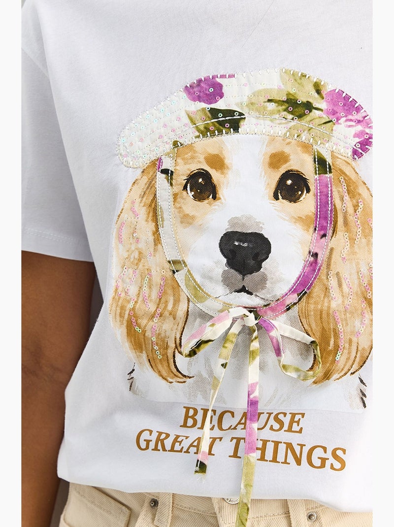 Camiseta de cuello redondo con estampado y lentejuelas lucci Blanco - Kiabi
