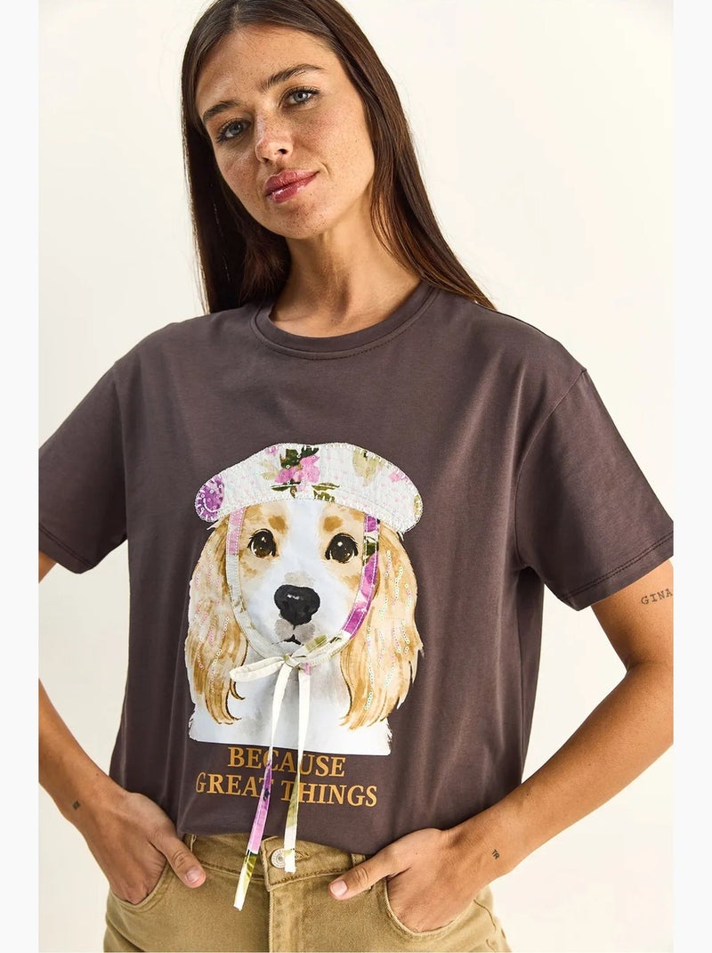 Camiseta de cuello redondo con estampado y lentejuelas lucci Marrón chocolate - Kiabi