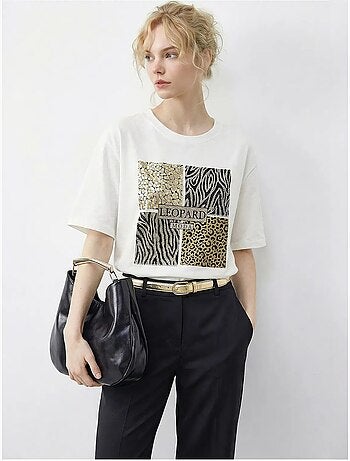 Camiseta de cuello redondo con lentejuelas y estampado de leopardo de lucci