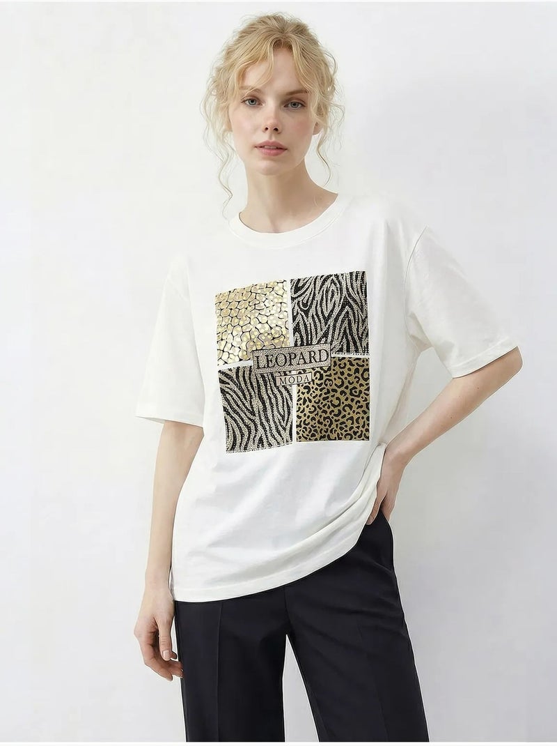 Camiseta de cuello redondo con lentejuelas y estampado de leopardo de lucci Blanco - Kiabi