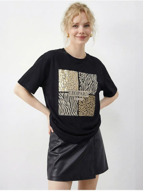 Camiseta de cuello redondo con lentejuelas y estampado de leopardo de lucci - Kiabi