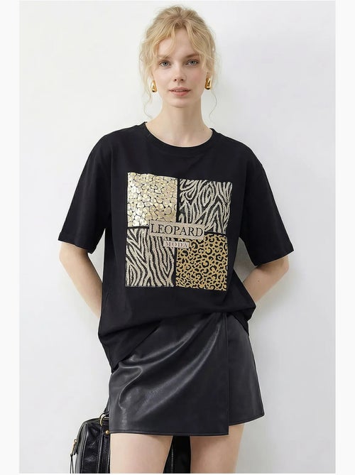 Camiseta de cuello redondo con lentejuelas y estampado de leopardo de lucci - Kiabi