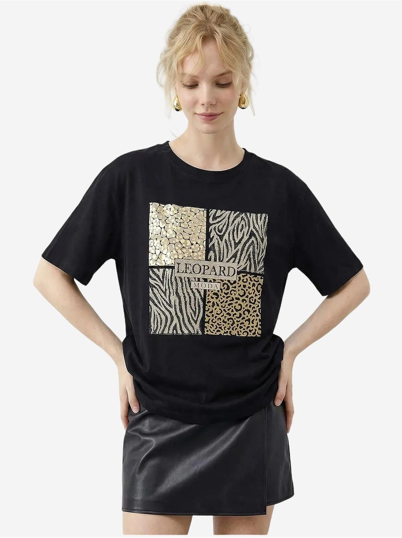 Camiseta de cuello redondo con lentejuelas y estampado de leopardo de lucci Negro - Kiabi
