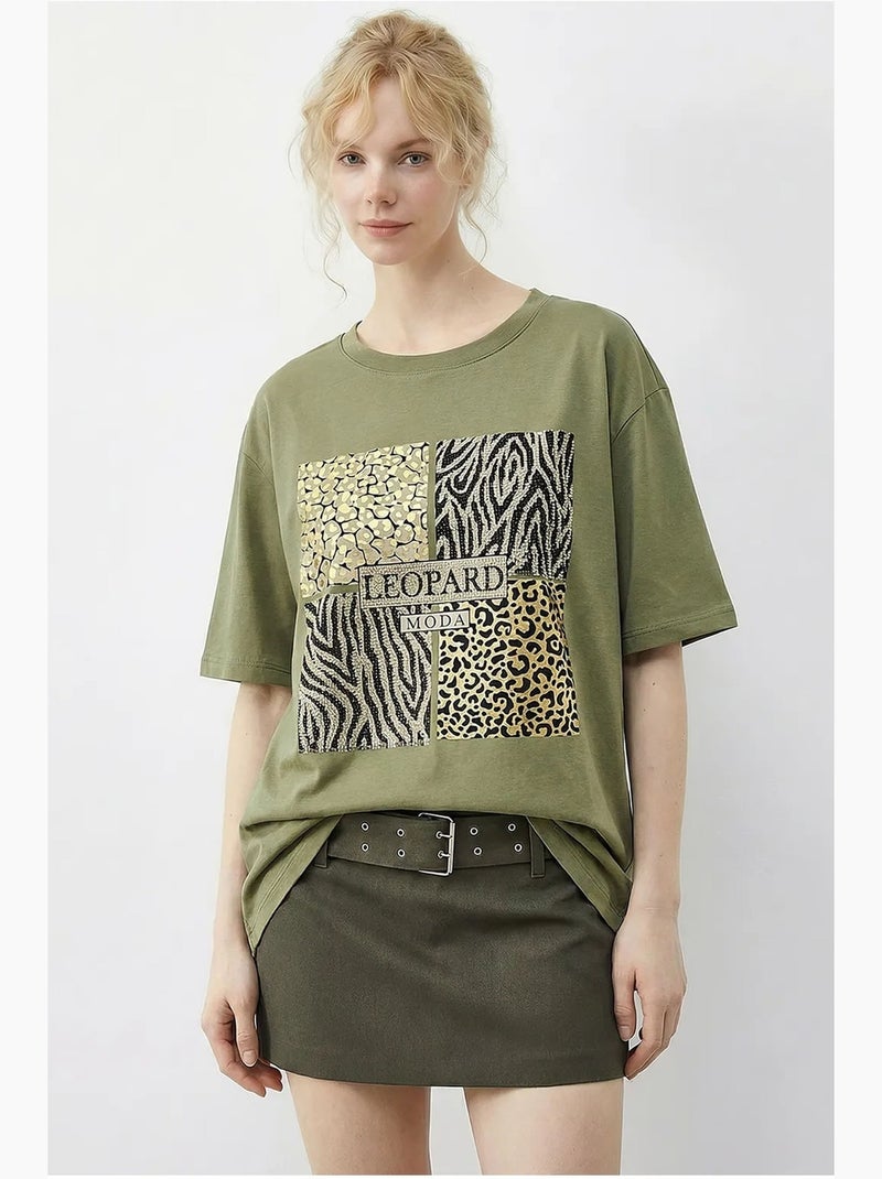 Camiseta de cuello redondo con lentejuelas y estampado de leopardo de lucci Verde caqui - Kiabi