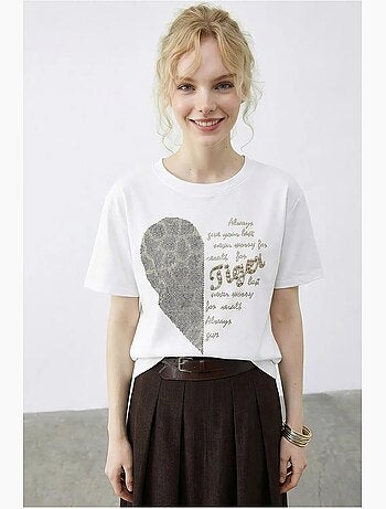 Camiseta de cuello redondo con lentejuelas y estampado de texto lucci
