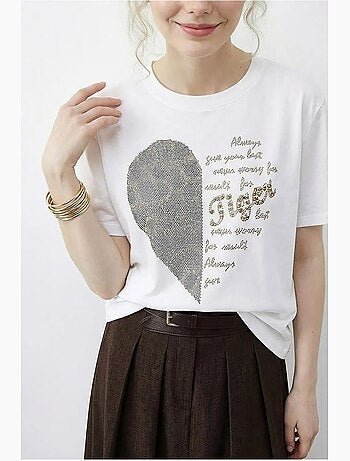Camiseta de cuello redondo con lentejuelas y estampado de texto lucci
