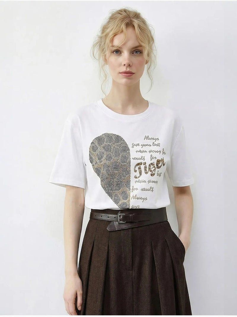 Camiseta de cuello redondo con lentejuelas y estampado de texto lucci Blanco - Kiabi