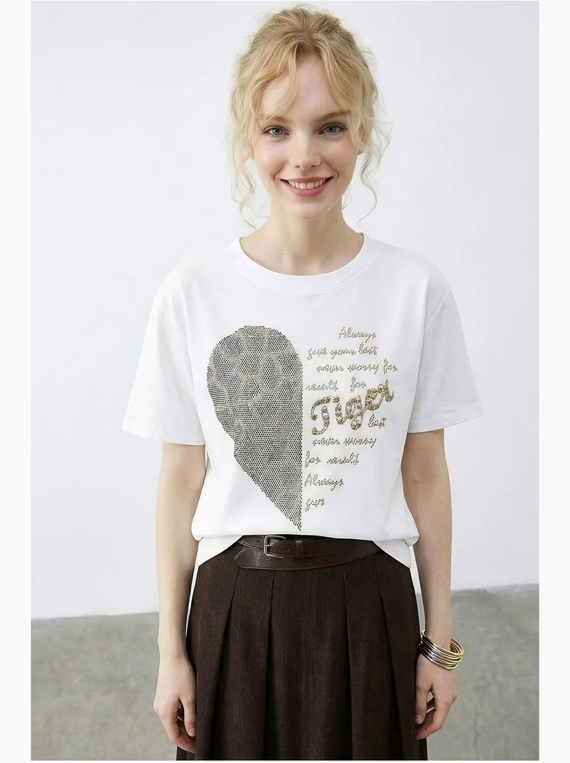 Camiseta de cuello redondo con lentejuelas y estampado de texto lucci Blanco - Kiabi