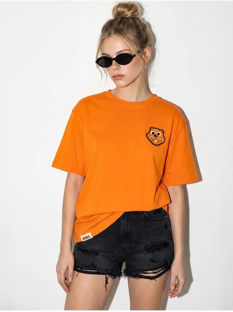 Camiseta de cuello redondo de algodón peinado oversize con bordado lucci Naranja - Kiabi