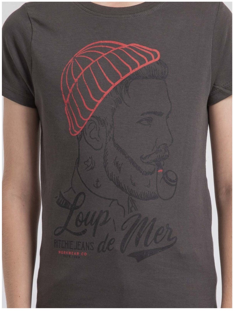 Camiseta de cuello redondo de puro algodón JOUANCY-J Gris oscuro - Kiabi