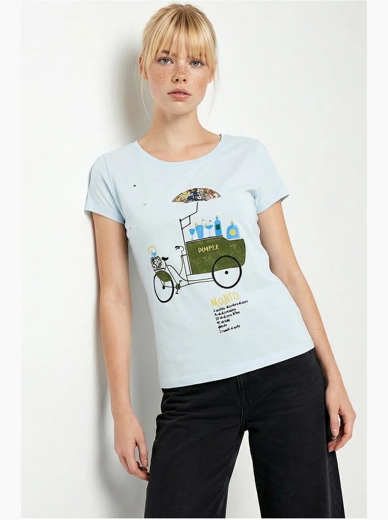 Camiseta de cuello redondo estampada con bordado lucci Azul cielo - Kiabi