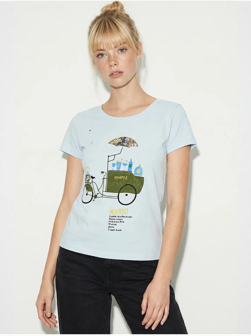 Camiseta de cuello redondo estampada con bordado lucci Azul cielo - Kiabi