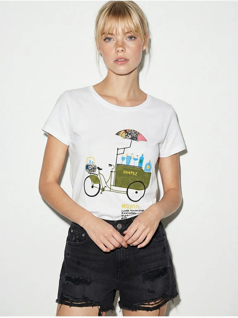 Camiseta de cuello redondo estampada con bordado lucci Blanco - Kiabi