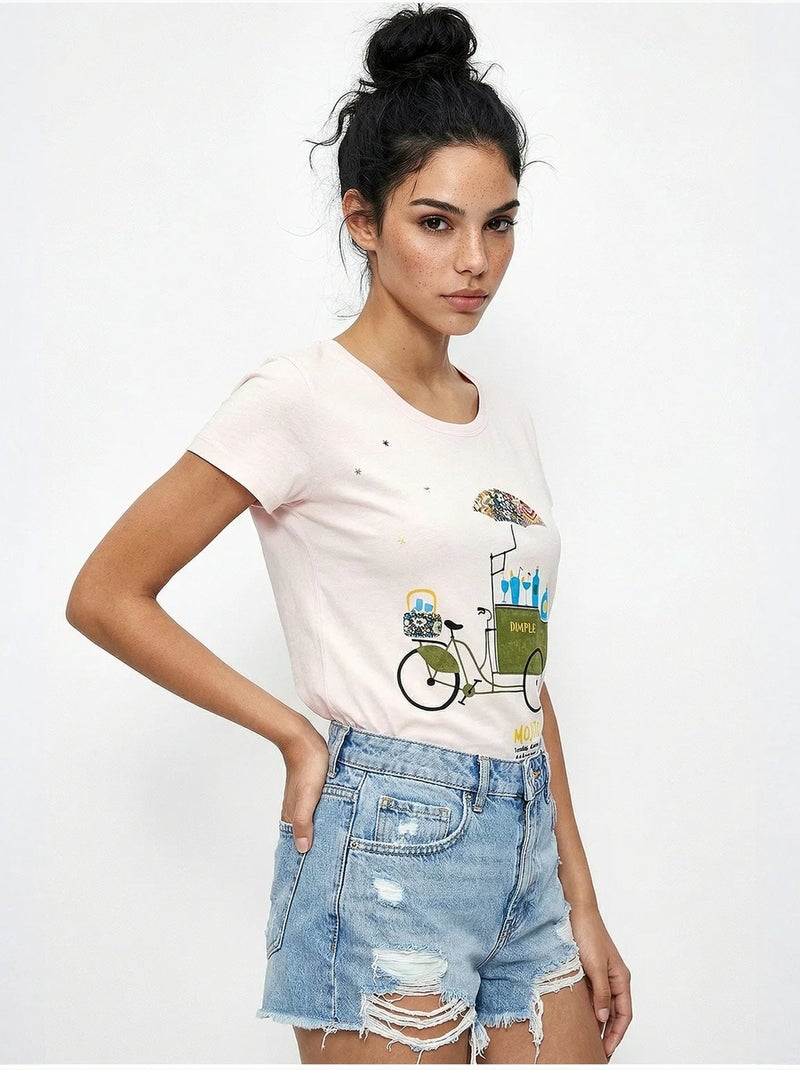 Camiseta de cuello redondo estampada con bordado lucci Rosa pálido - Kiabi