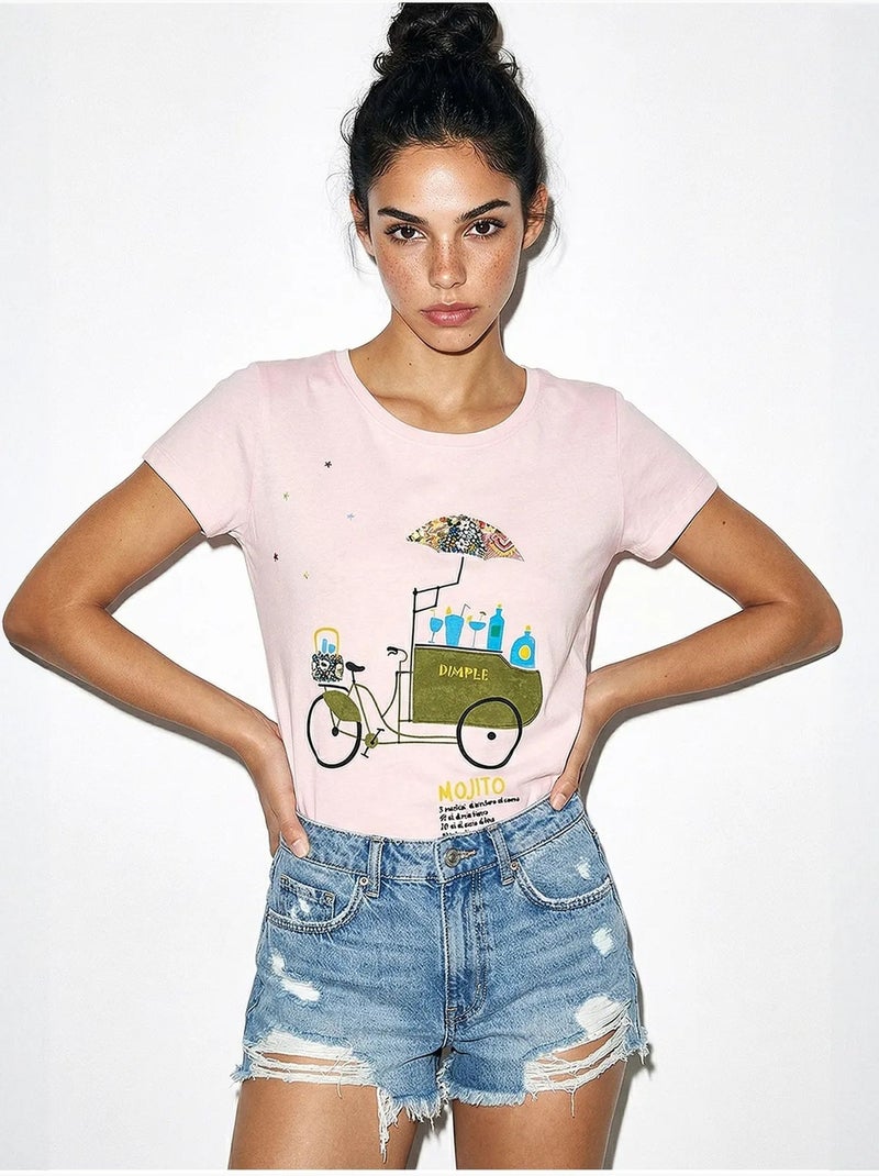 Camiseta de cuello redondo estampada con bordado lucci Rosa pálido - Kiabi