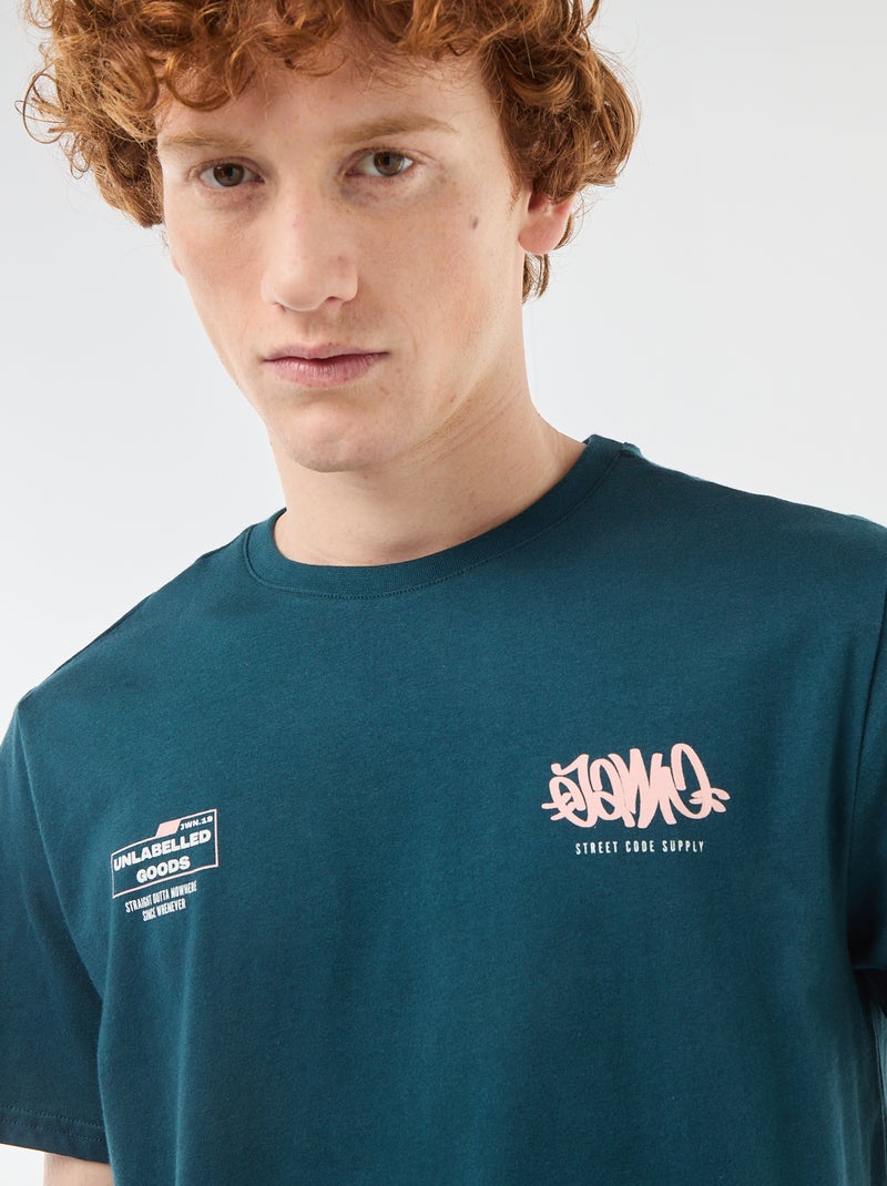 Camiseta de cuello redondo estampada en algodón Azul - Kiabi