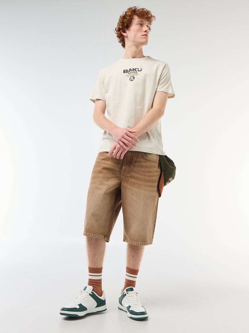 Camiseta de cuello redondo estampada en algodón Beige - Kiabi