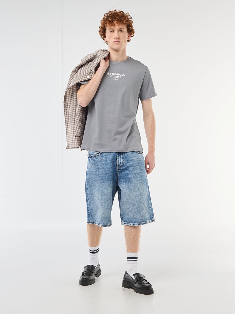 Camiseta de cuello redondo estampada en algodón Gris - Kiabi