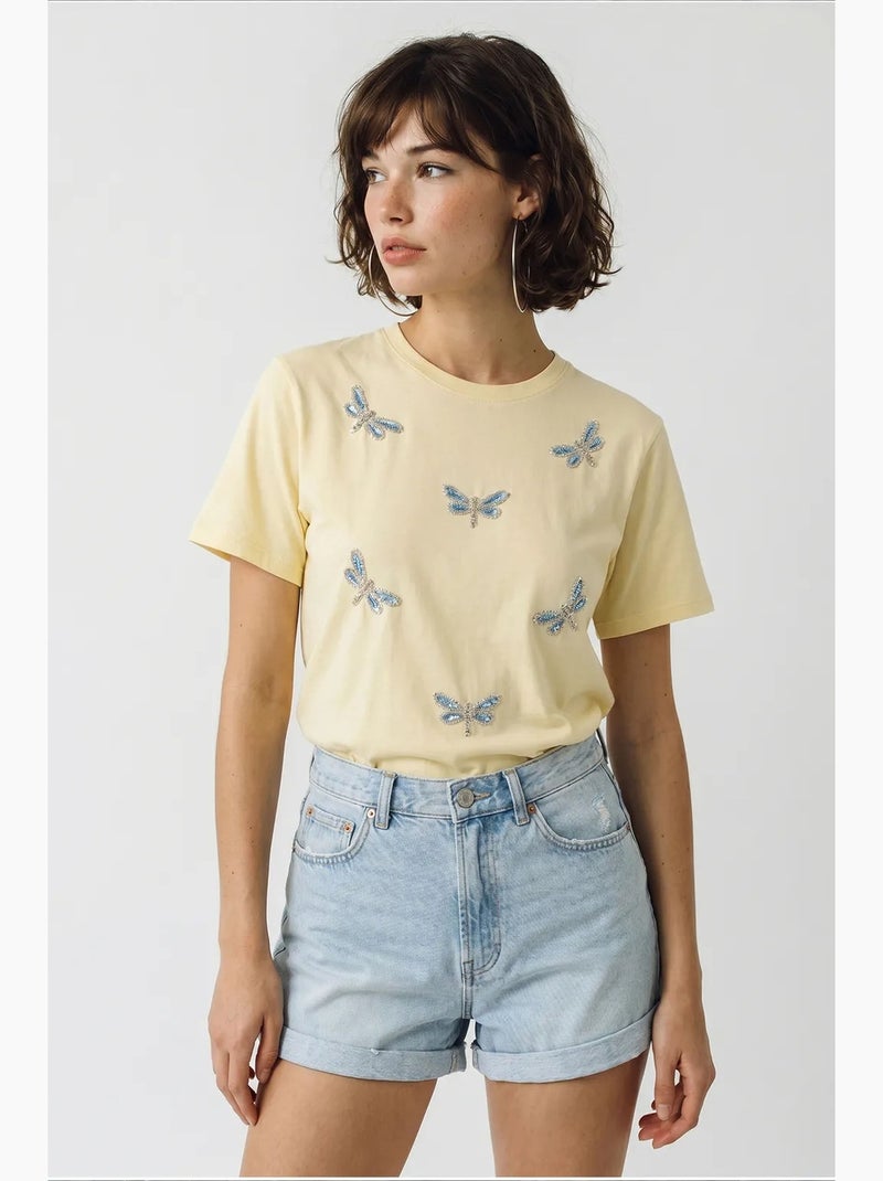 Camiseta de cuello redondo y corte relajado con bordado lucci Amarillo limón - Kiabi