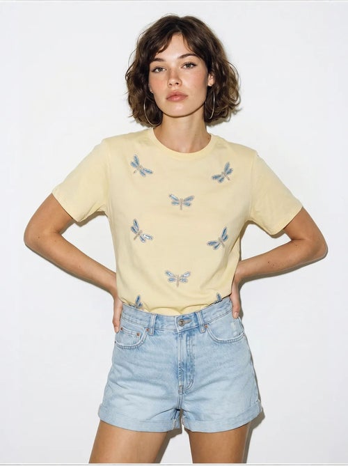 Camiseta de cuello redondo y corte relajado con bordado lucci - Kiabi