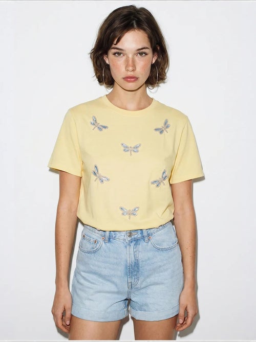 Camiseta de cuello redondo y corte relajado con bordado lucci - Kiabi