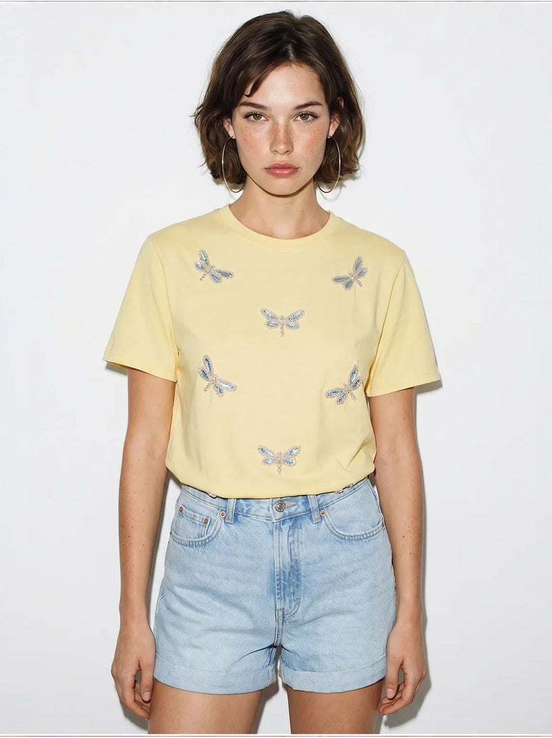 Camiseta de cuello redondo y corte relajado con bordado lucci Amarillo limón - Kiabi