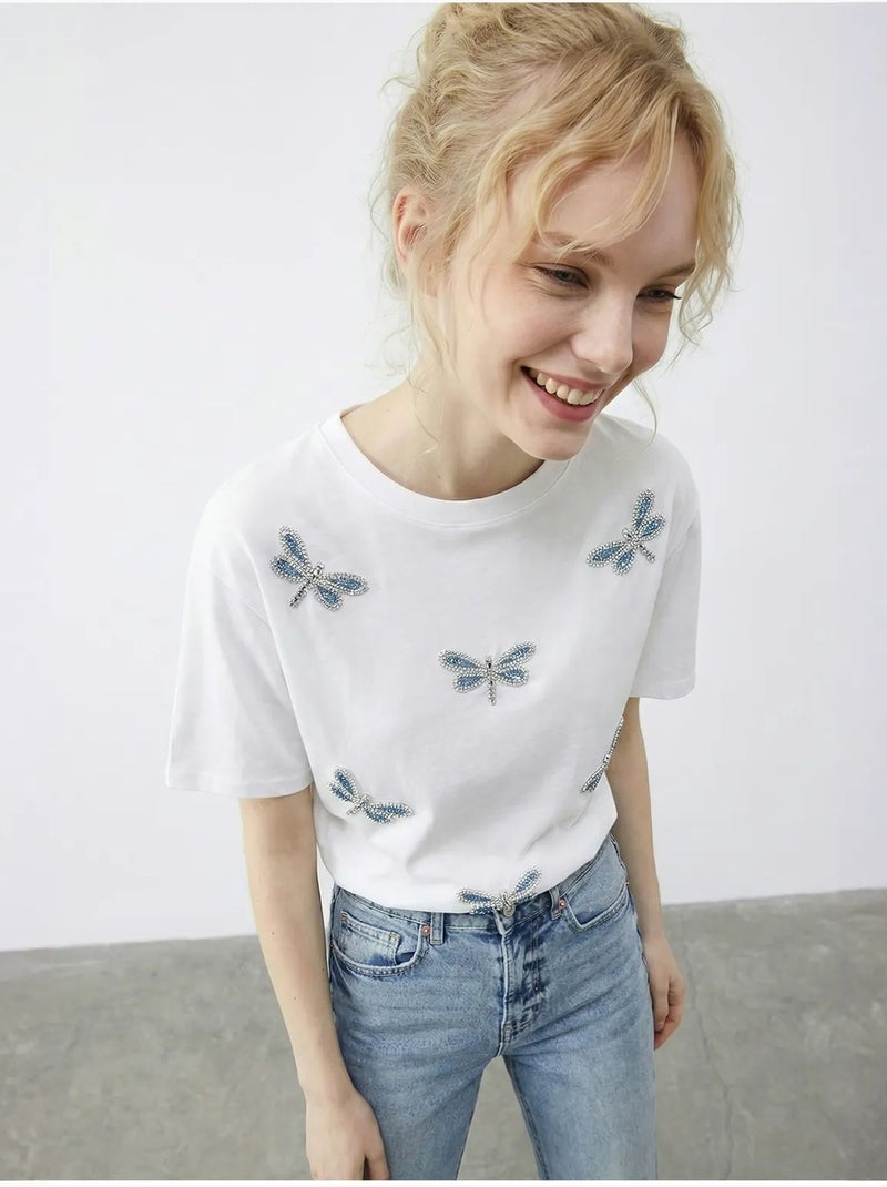 Camiseta de cuello redondo y corte relajado con bordado lucci Blanco - Kiabi