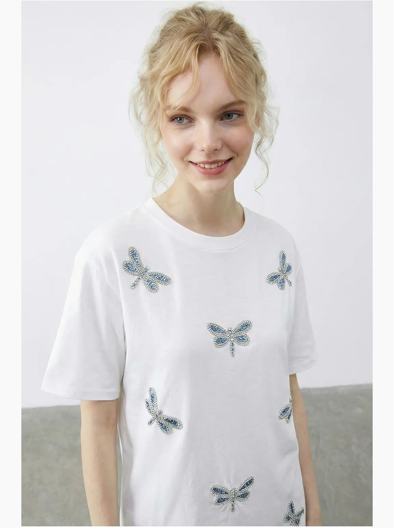 Camiseta de cuello redondo y corte relajado con bordado lucci Blanco - Kiabi