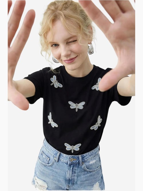 Camiseta de cuello redondo y corte relajado con bordado lucci - Kiabi