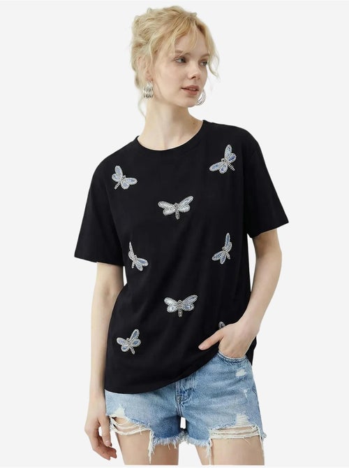 Camiseta de cuello redondo y corte relajado con bordado lucci - Kiabi