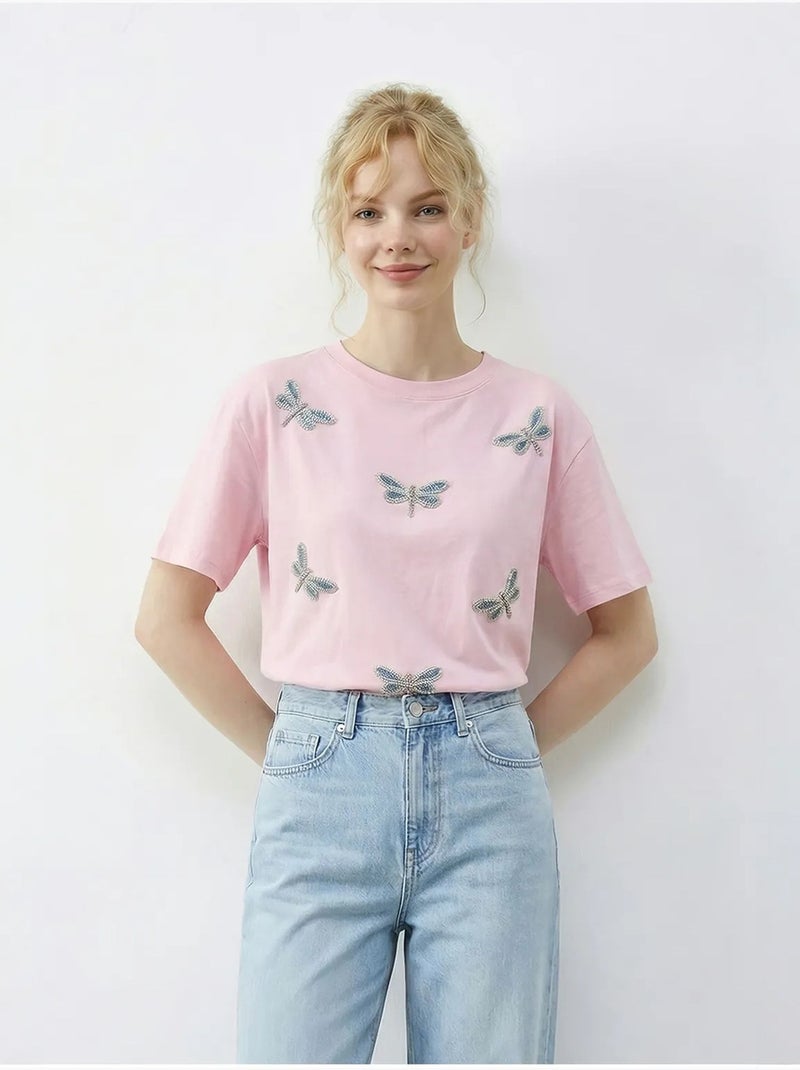 Camiseta de cuello redondo y corte relajado con bordado lucci Rosa claro - Kiabi