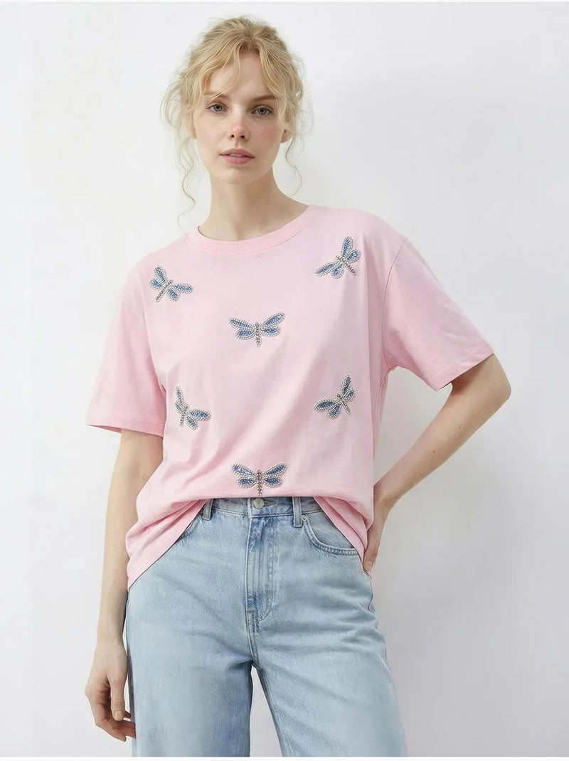 Camiseta de cuello redondo y corte relajado con bordado lucci Rosa claro - Kiabi