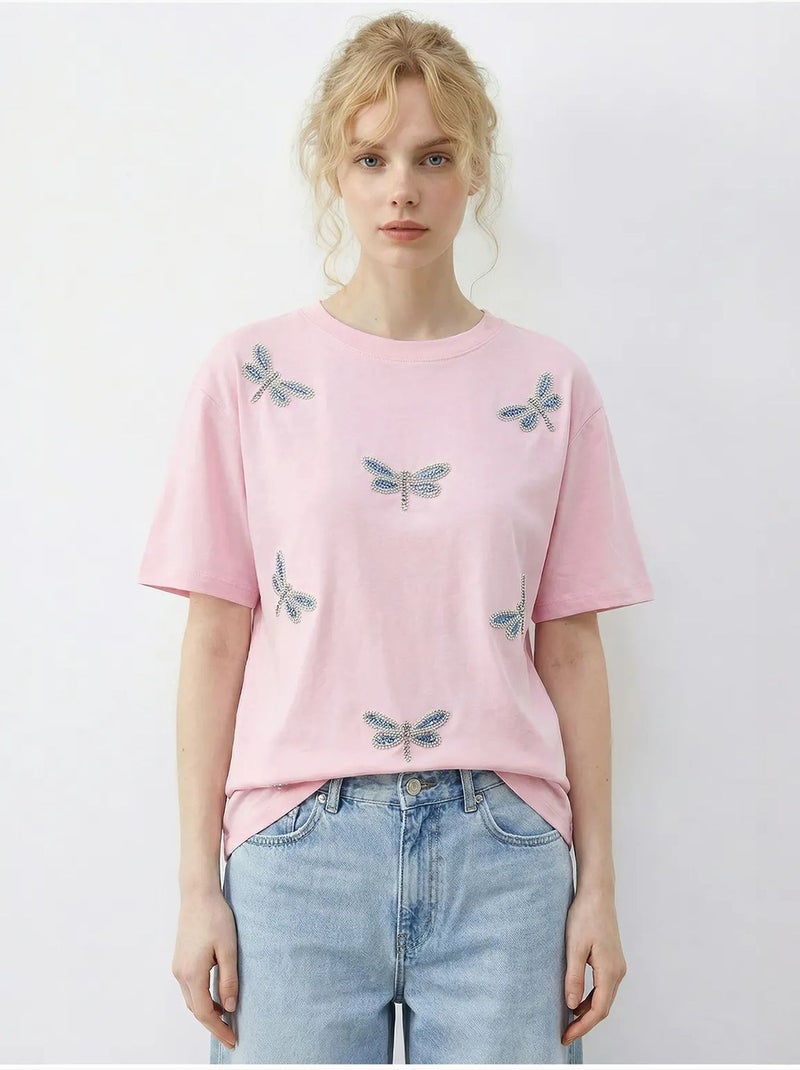 Camiseta de cuello redondo y corte relajado con bordado lucci Rosa claro - Kiabi