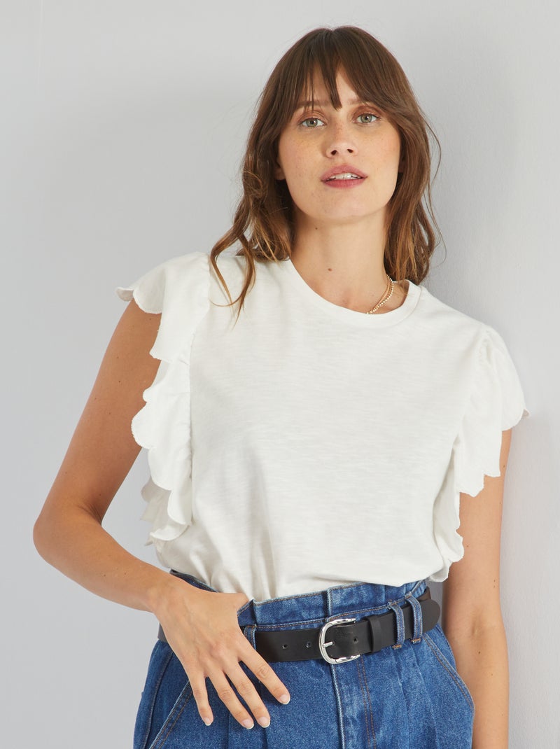 Camiseta de cuello redondo y manga con volante Blanco - Kiabi