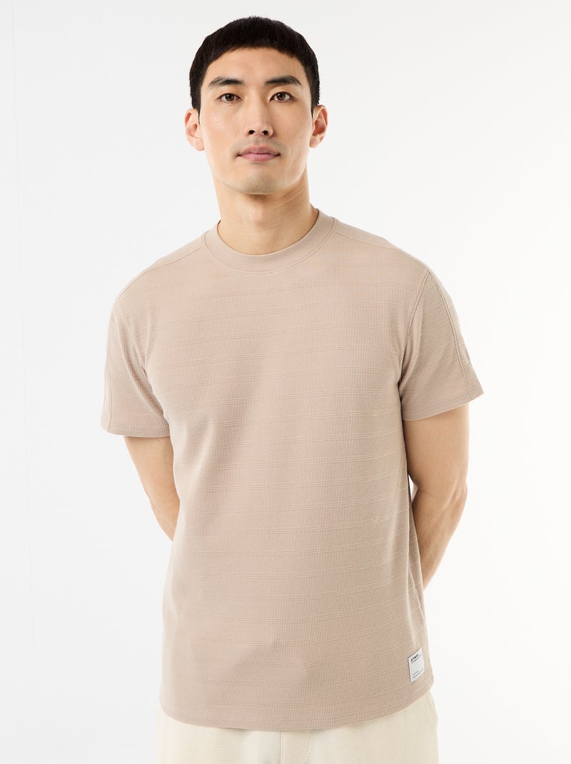 Camiseta de cuello redondo y manga corta en nido de abeja Beige - Kiabi