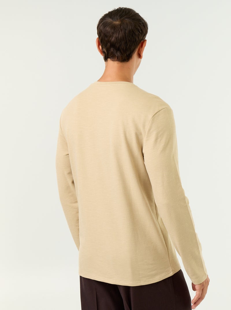 Camiseta de cuello tunecino de manga larga Beige - Kiabi