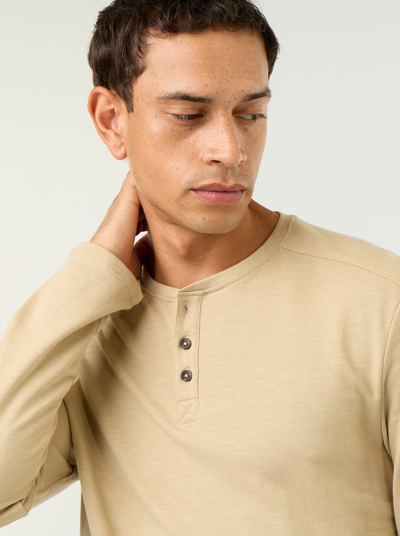 Camiseta de cuello tunecino de manga larga Beige - Kiabi