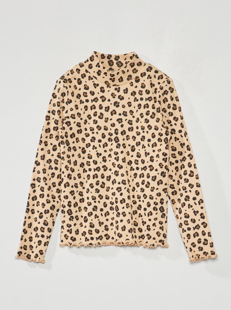 Camiseta de cuello vuelto de punto de canalé con estampado BEIGE - Kiabi