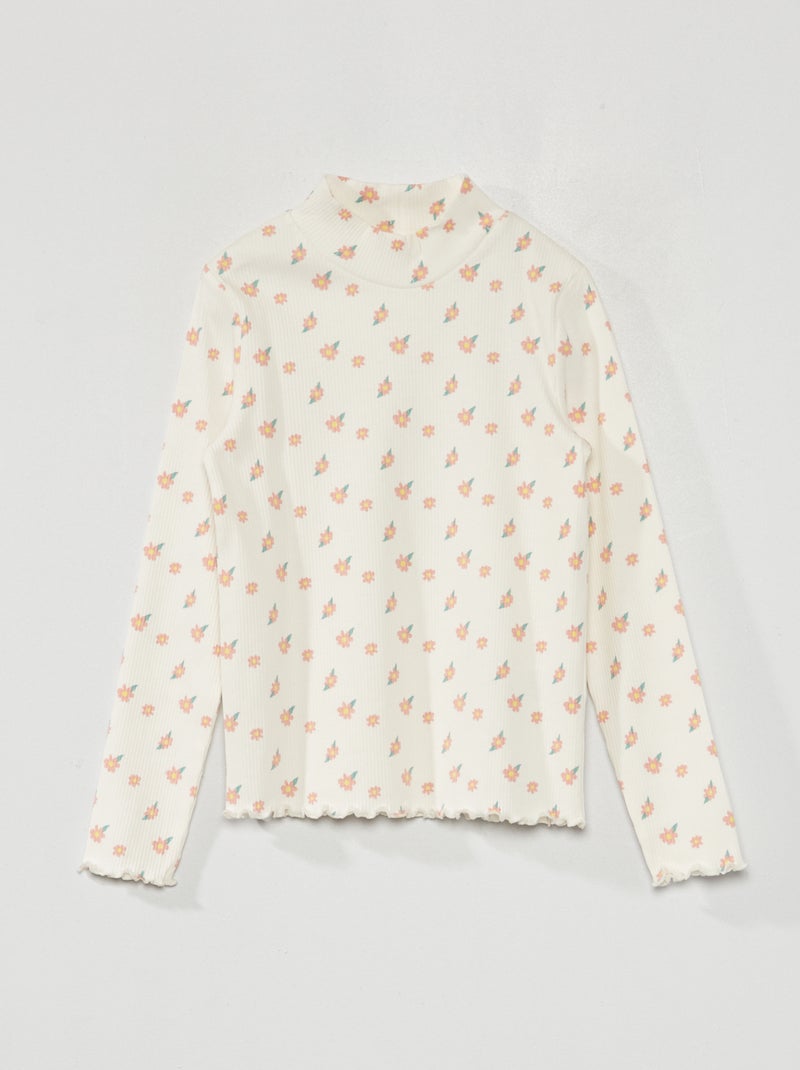 Camiseta de cuello vuelto de punto de canalé con estampado BLANCO - Kiabi