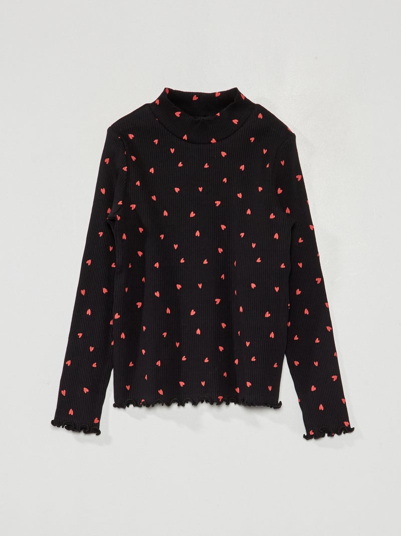 Camiseta de cuello vuelto de punto de canalé con estampado NEGRO - Kiabi