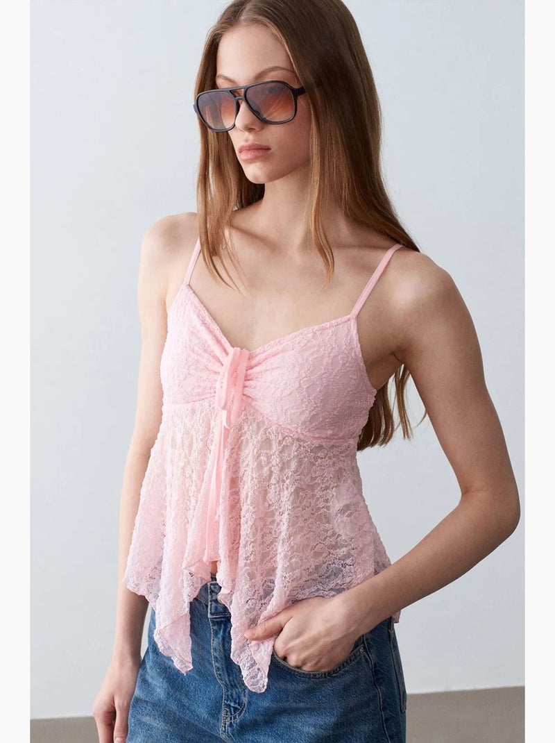 Camiseta de encaje con lazo delantero dilvin Rosa almendra - Kiabi