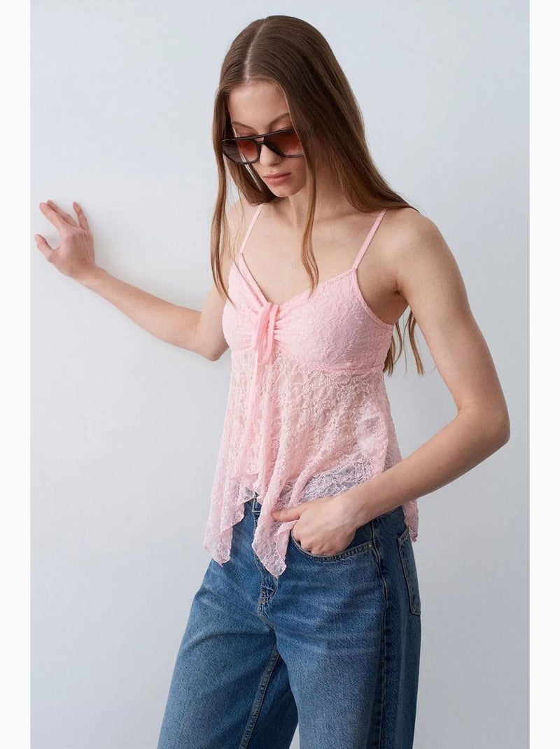 Camiseta de encaje con lazo delantero dilvin Rosa almendra - Kiabi